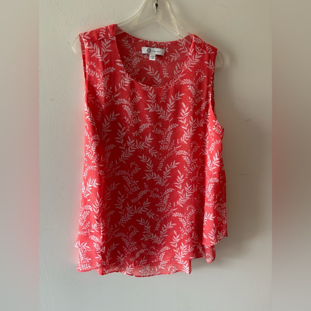 Christina B Bright Coral Leaf Print Sleeveless Swing Top. Size Large